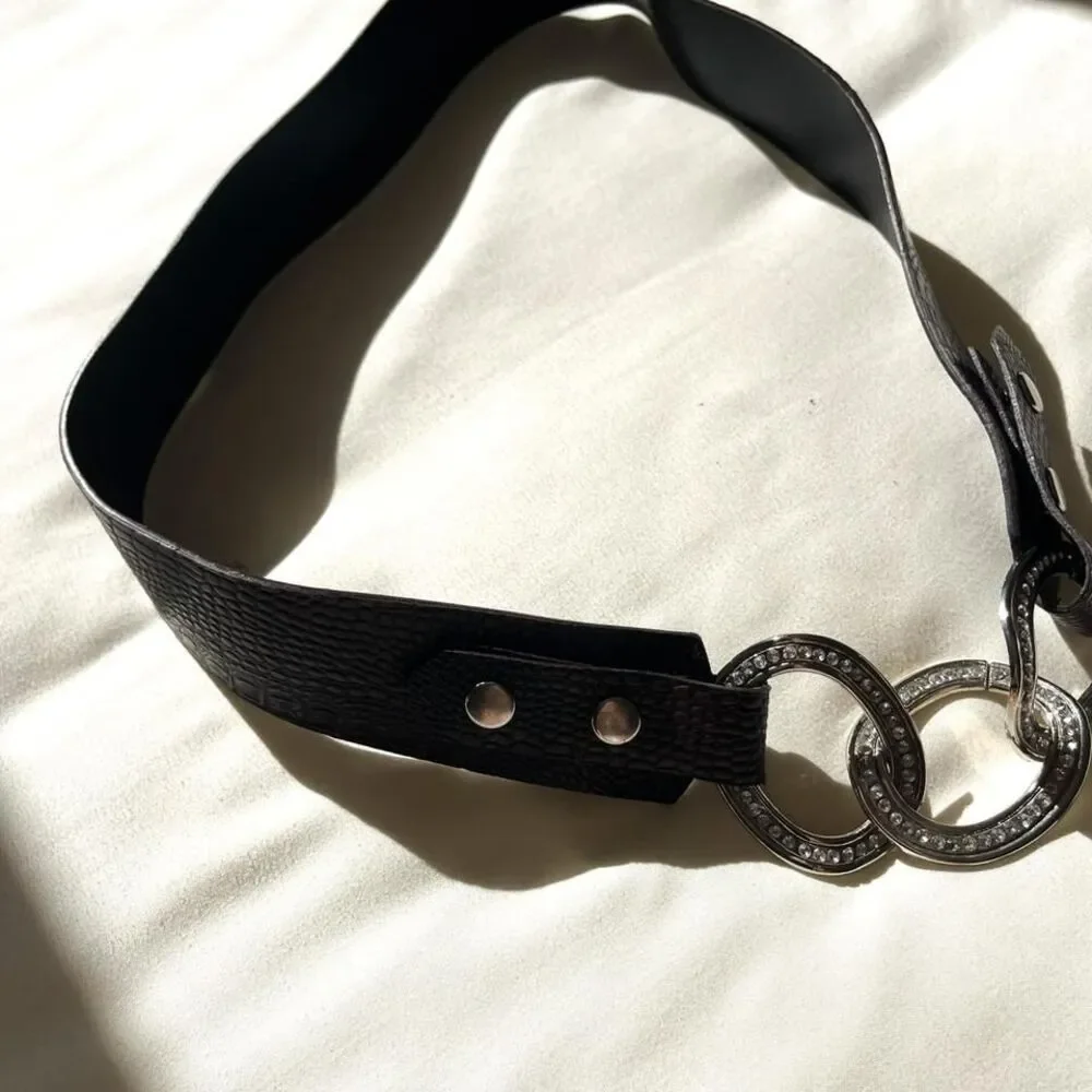 y2k brown faux leather rhinestone belt womens large‎